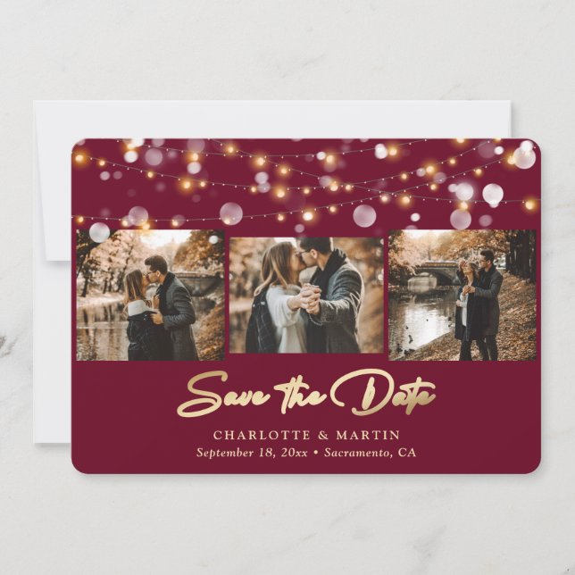 Modern Burgundy Gold Wedding 3 Photo Save The Date (Front)