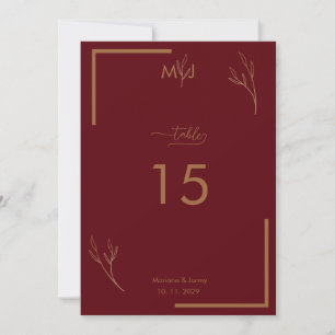 Modern Burgundy Golden Border Wedding Table Number