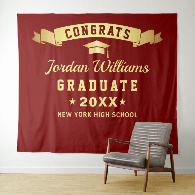 Modern Burgundy Golden Graduation Photo Backdrop Tapestry (In Situ (Horizontal))