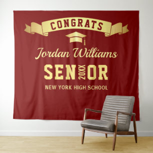 Modern Burgundy Golden Graduation Photo Backdrop Tapestry