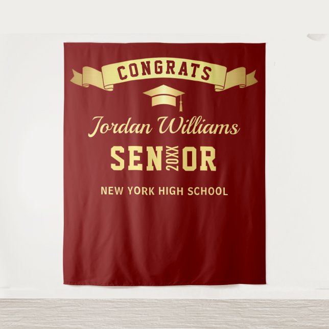 Modern Burgundy Golden Graduation Photo Backdrop Tapestry (Front)