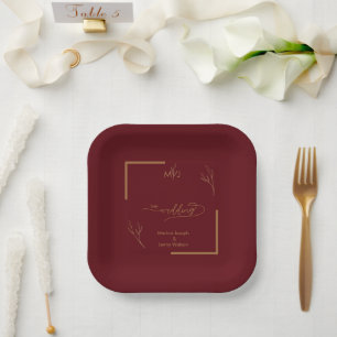 Modern Burgundy Golden Leaflet Border Monogram Paper Plate
