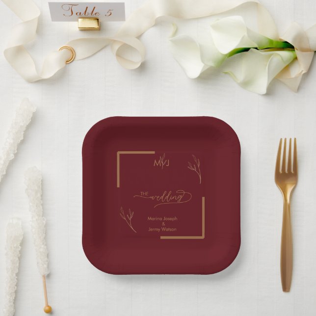 Modern Burgundy Golden Leaflet Border Monogram Paper Plate (Wedding)