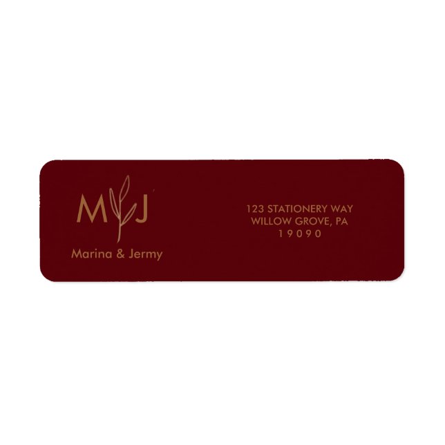 Modern Burgundy Golden Leaflet Monogram  (Front)