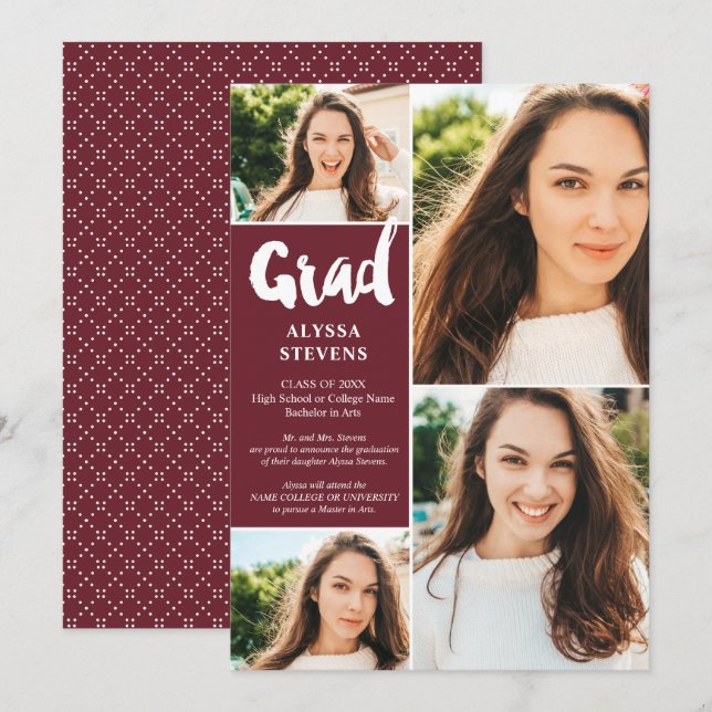 Modern burgundy Grad script 4 photos graduation Invitation (Front/Back)