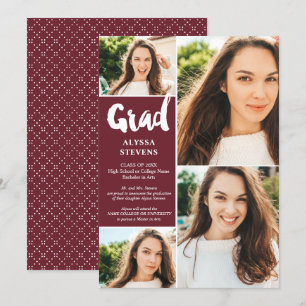 Modern burgundy Grad script 4 photos graduation Invitation
