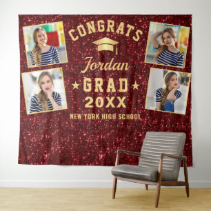 Modern Burgundy Graduation 4 Photo Booth Backdrop Tapestry