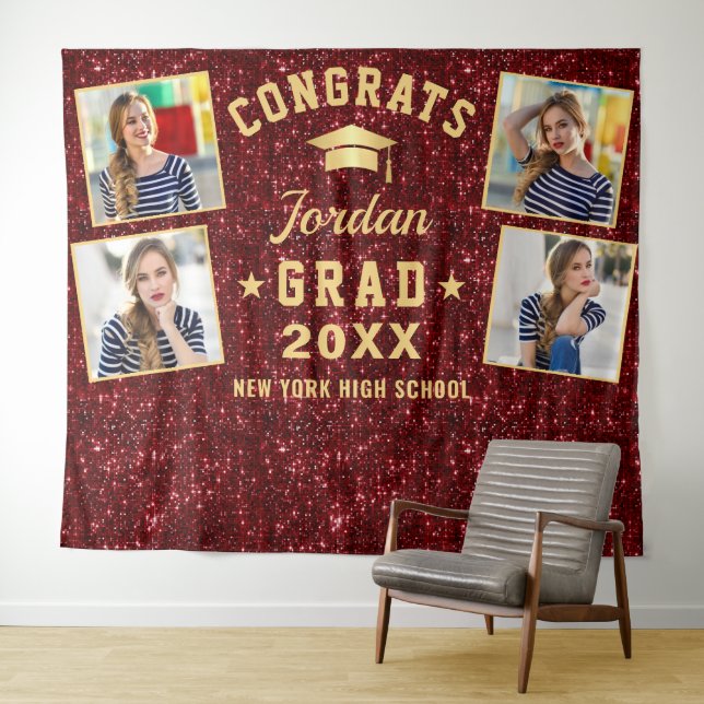Modern Burgundy Graduation 4 Photo Booth Backdrop Tapestry (In Situ (Horizontal))