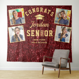 Modern Burgundy Graduation 4 Photo Booth Backdrop Tapestry