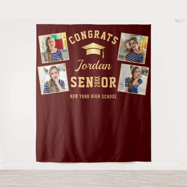 Modern Burgundy Graduation 4 Photo Booth Backdrop Tapestry (Front)