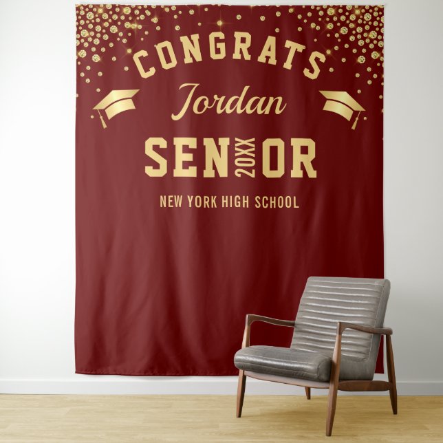 Modern Burgundy Graduation Photo Booth Backdrop Tapestry (In Situ)