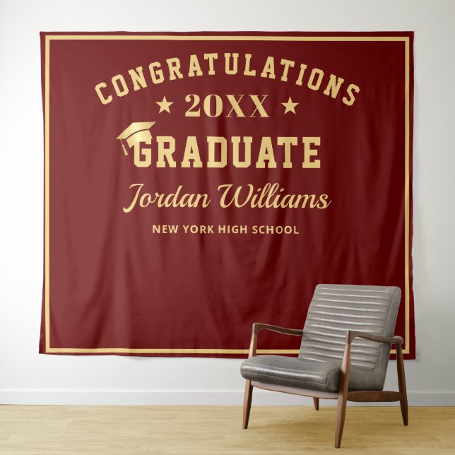 Modern Burgundy Graduation Photo Booth Backdrop Tapestry (In Situ (Horizontal))