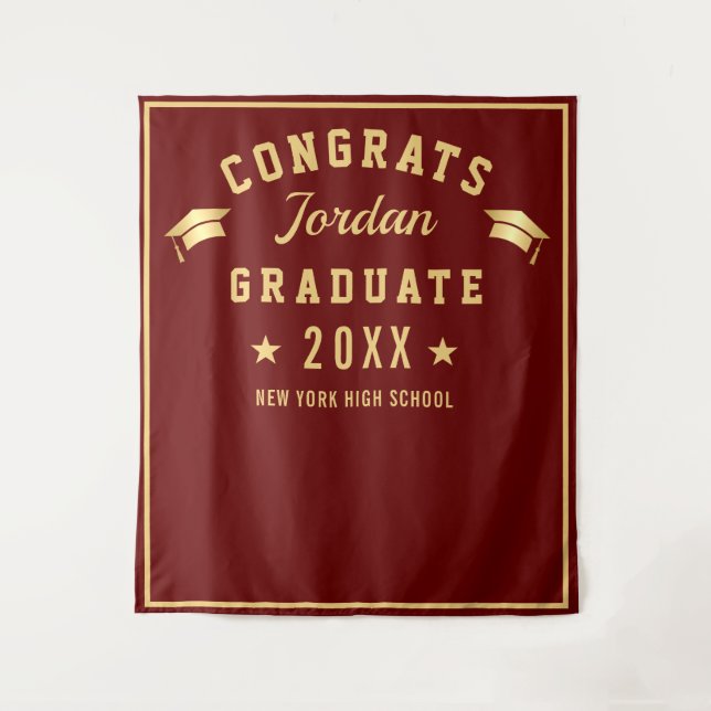 Modern Burgundy Graduation Photo Booth Backdrop Tapestry (Front)