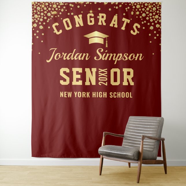 Modern Burgundy Graduation Photo Booth Backdrop Tapestry (In Situ)