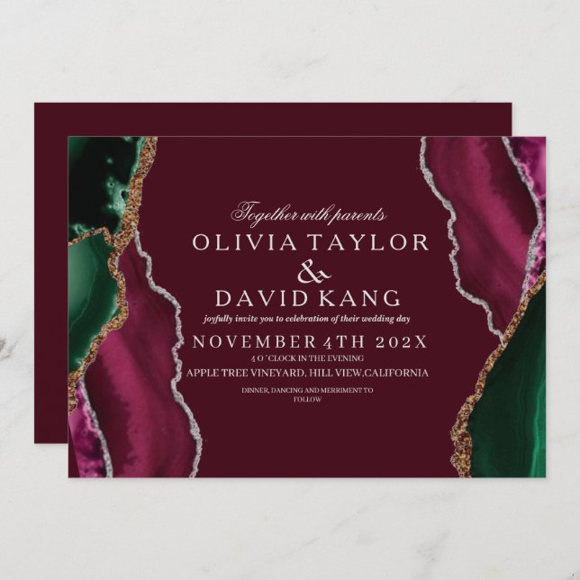  Modern Burgundy & Green Agate Wedding Invitation (Front/Back)