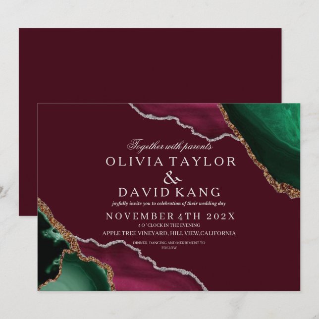  Modern Burgundy & Green Agate Wedding Invitation (Front/Back)