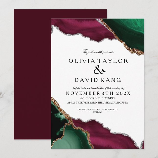  Modern Burgundy & Green Agate Wedding Invitation (Front/Back)