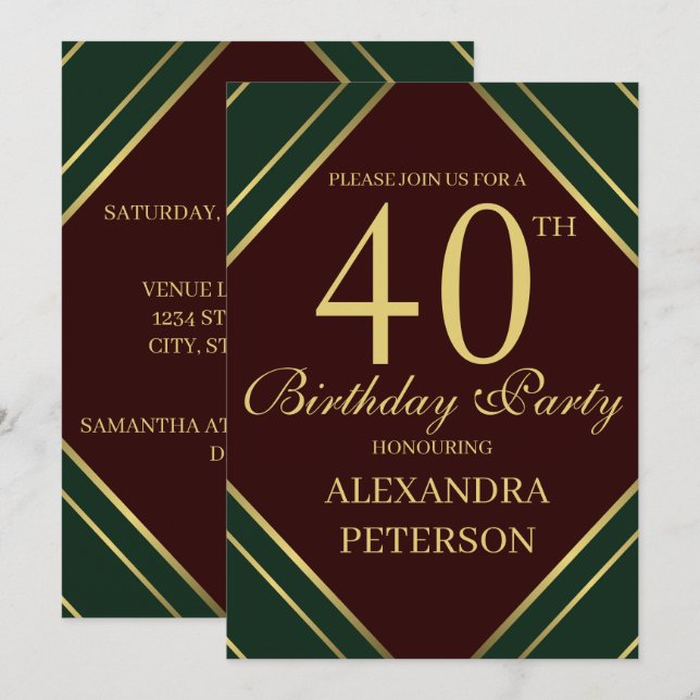 Modern Burgundy Green And Gold Stripes Birthday Invitation (Front/Back)
