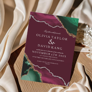  Modern Burgundy & Green Black Agate Wedding Invitation