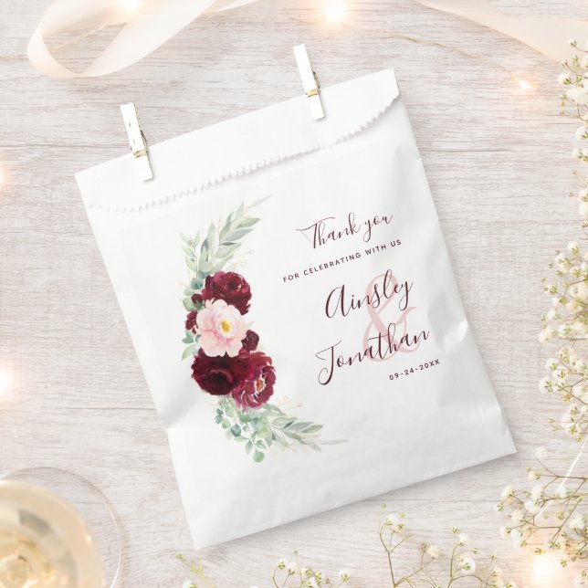 Modern Burgundy Greenery Floral Thank You Wedding Favour Bags (Clipped)