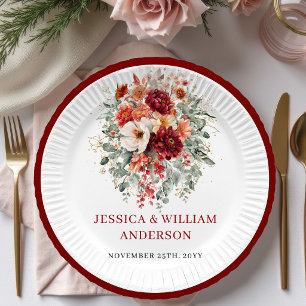 Modern Burgundy Greenery Wedding Paper Plates