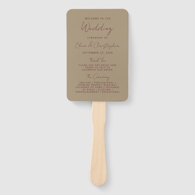 Modern Burgundy Handwriting Gold Wedding Program Hand Fan (Front)