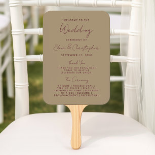 Modern Burgundy Handwriting Gold Wedding Program Hand Fan