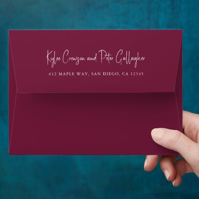 Modern Burgundy Handwritten Script Elegant Wedding Envelope (Hand)