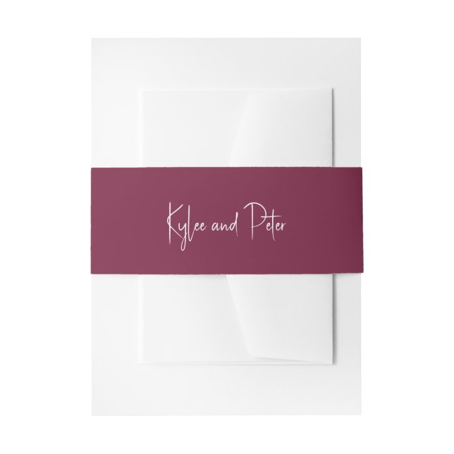 Modern Burgundy Handwritten Script Elegant Wedding Invitation Belly Band (Front Example)