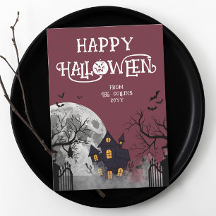 Modern Burgundy Haunted House Happy Halloween Holiday Card