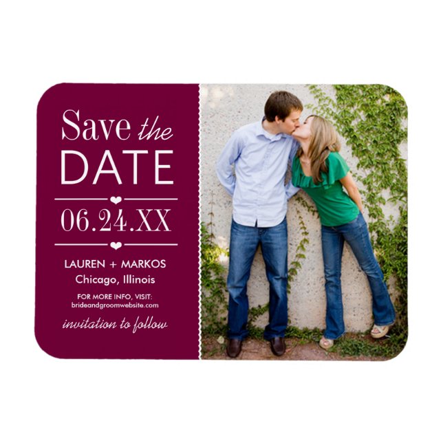 Modern Burgundy Hearts Wedding Photo Save the Date Magnet (Horizontal)
