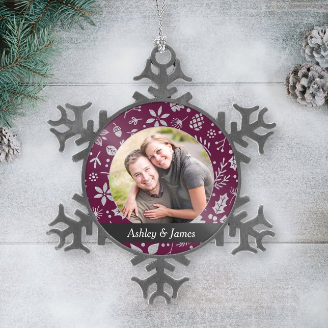 Modern Burgundy Holiday Foliage Couple Photo Snowflake Pewter Christmas Ornament (Creator Uploaded)
