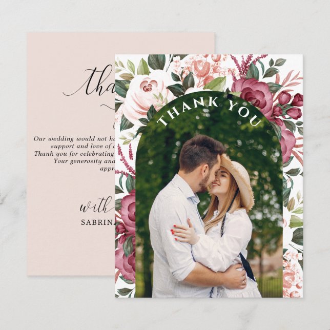 Modern Burgundy Ivory Cream Pink Floral Photo Thank You Card (Front/Back)