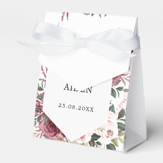 Modern Burgundy Ivory Cream Pink Floral Wedding Favour Box (Front Side)