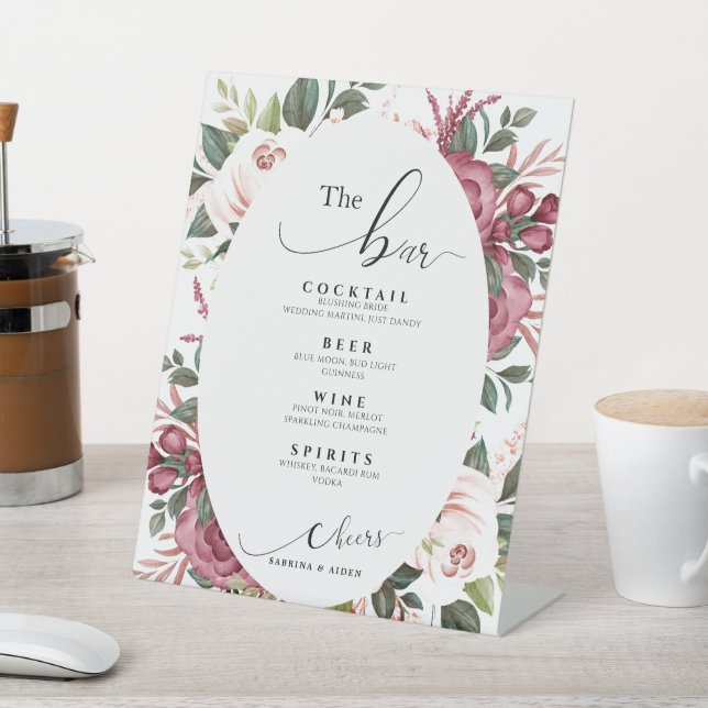 Modern Burgundy Ivory Cream Pink | The Bar Wedding Pedestal Sign (In SItu)