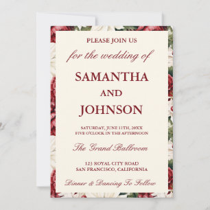 Modern Burgundy Ivory Floral Monogram Wedding Invitation