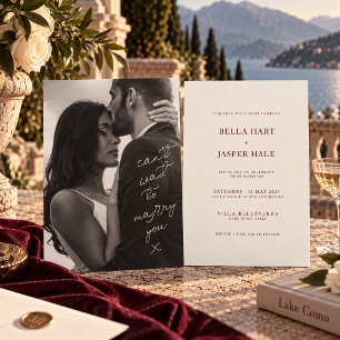 Modern Burgundy Ivory Photo Handwritten Wedding Invitation