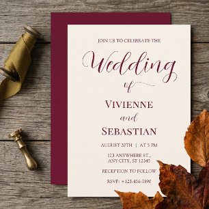 Modern Burgundy Ivory Script Minimalist Wedding Invitation