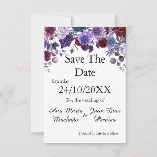 Modern Burgundy Lavender Dusty Blue Floral White Save The Date