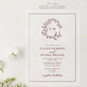 Modern Burgundy Leafy Crest Monogram Wedding Acrylic Invitations