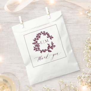 Modern Burgundy Leafy Crest Monogram Wedding Favour Bags