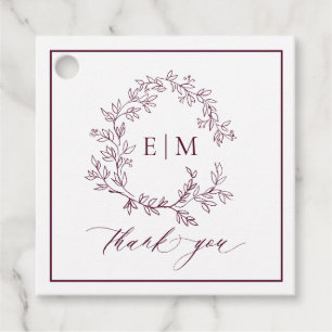 Modern Burgundy Leafy Crest Monogram Wedding Favour Tags