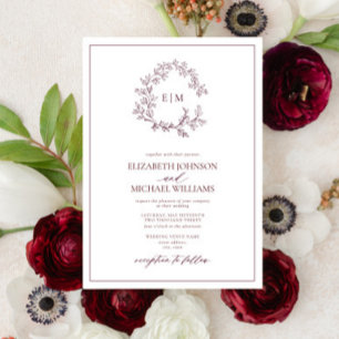 Modern Burgundy Leafy Crest Monogram Wedding Invitation