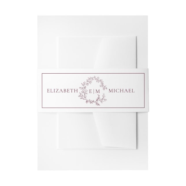 Modern Burgundy Leafy Crest Monogram Wedding Invitation Belly Band (Front Example)