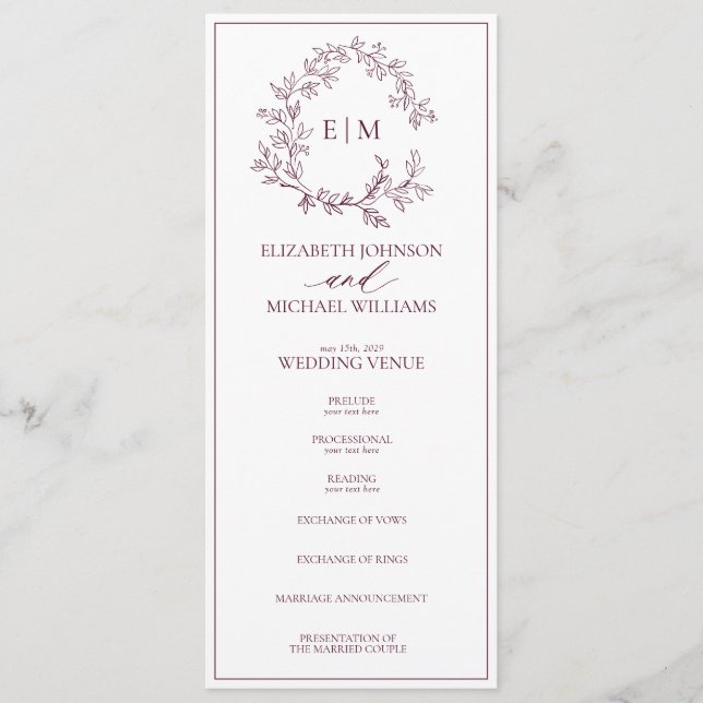 Modern Burgundy Leafy Crest Monogram Wedding Programme (Front)