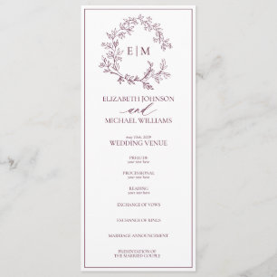 Modern Burgundy Leafy Crest Monogram Wedding Programme