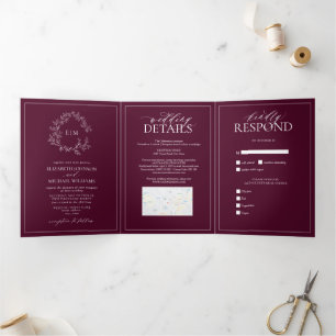 Modern Burgundy Leafy Crest Monogram Wedding Tri-Fold Invitation
