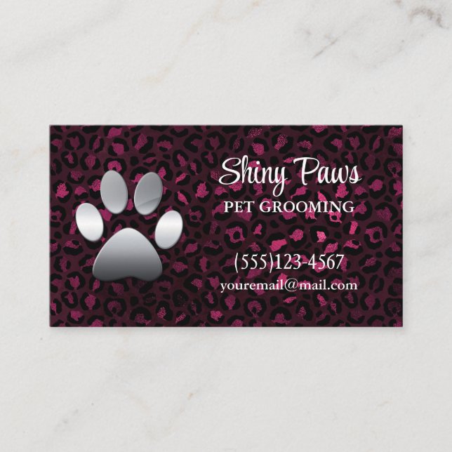 Modern Burgundy Leopard Print Dog Paw Pet Grooming Business Card (Front)