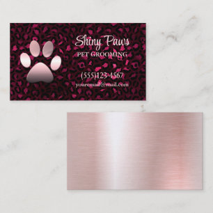 Modern Burgundy Leopard Print Dog Paw Pet Grooming Business Card