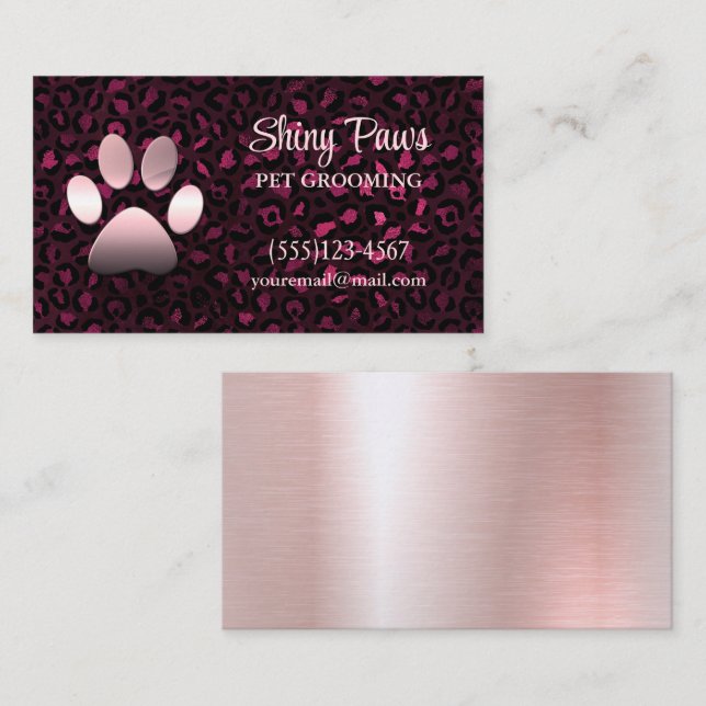 Modern Burgundy Leopard Print Dog Paw Pet Grooming Business Card (Front/Back)